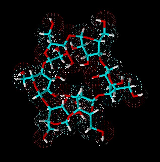 Blick in den Hohlraum eines alpha-Cyclodextrinmoleküls in Stäbchen-Wolken-Darstellung.